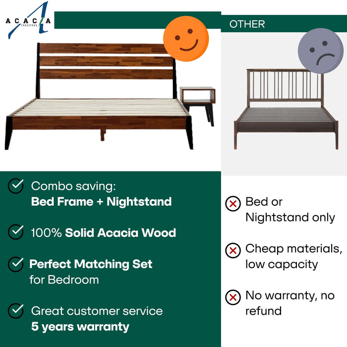 Acacia Emery Solid Wood Bed Frame & Nightstand Bedroom Set