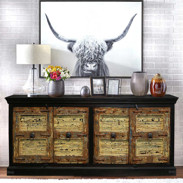1900s Antique Door Upcycled Colored Patina Rustic 88 in. Long Credenza
