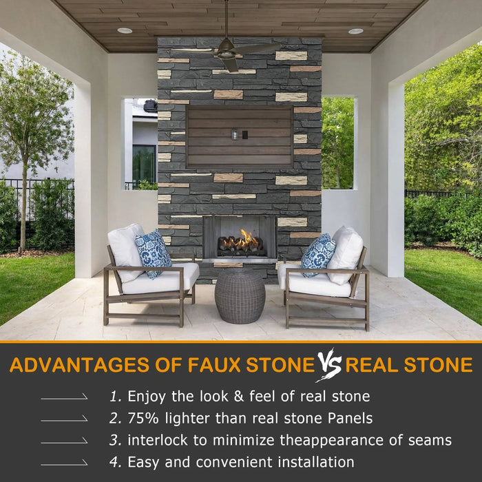 Hausvita Faux Stone Wall Siding Panel, PU Stone Veneer Exterior, 46.46" x 13"