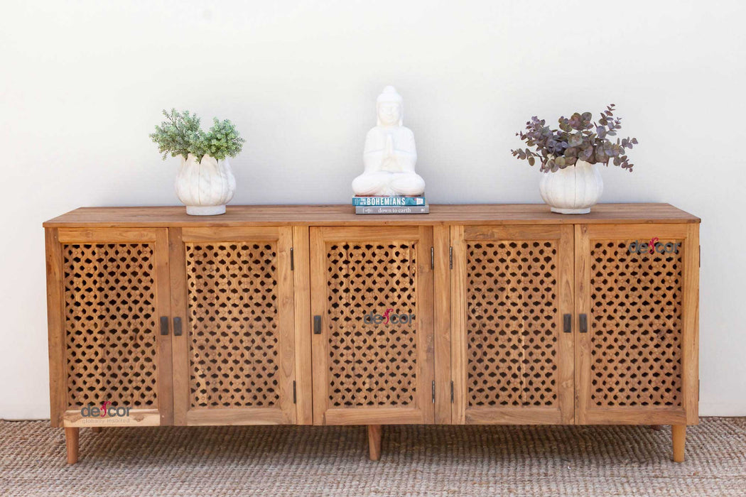 88" Long Old Teak Floral Jali Sideboard