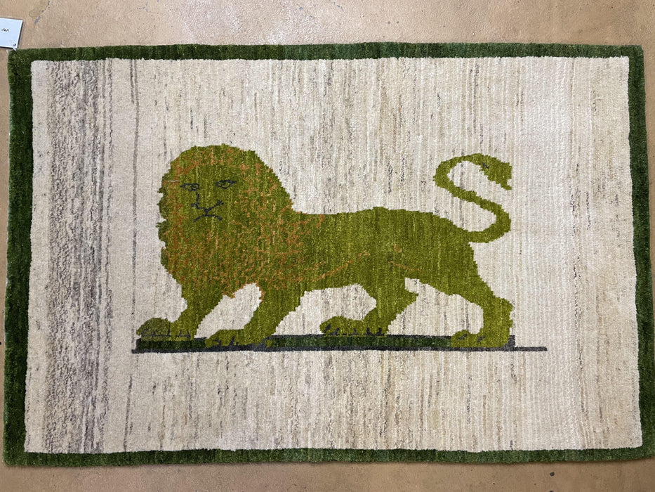 3 x 4 Handmade Rug Zagros Mountains Wool Rug Lion Beige Olive Green Tribal Rug