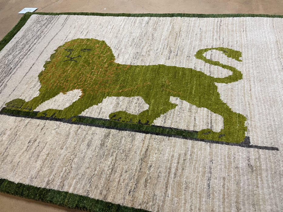 3 x 4 Handmade Rug Zagros Mountains Wool Rug Lion Beige Olive Green Tribal Rug