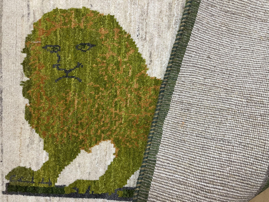 3 x 4 Handmade Rug Zagros Mountains Wool Rug Lion Beige Olive Green Tribal Rug
