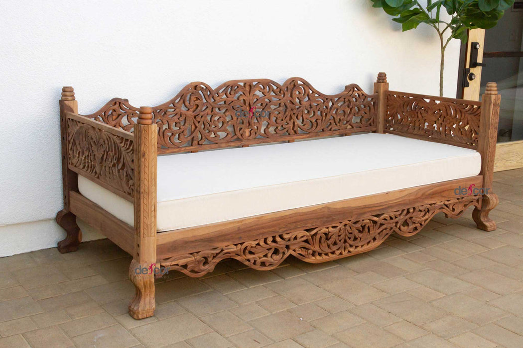 8' Long Reclaimed Teak Anglo Indian Carved Daybed