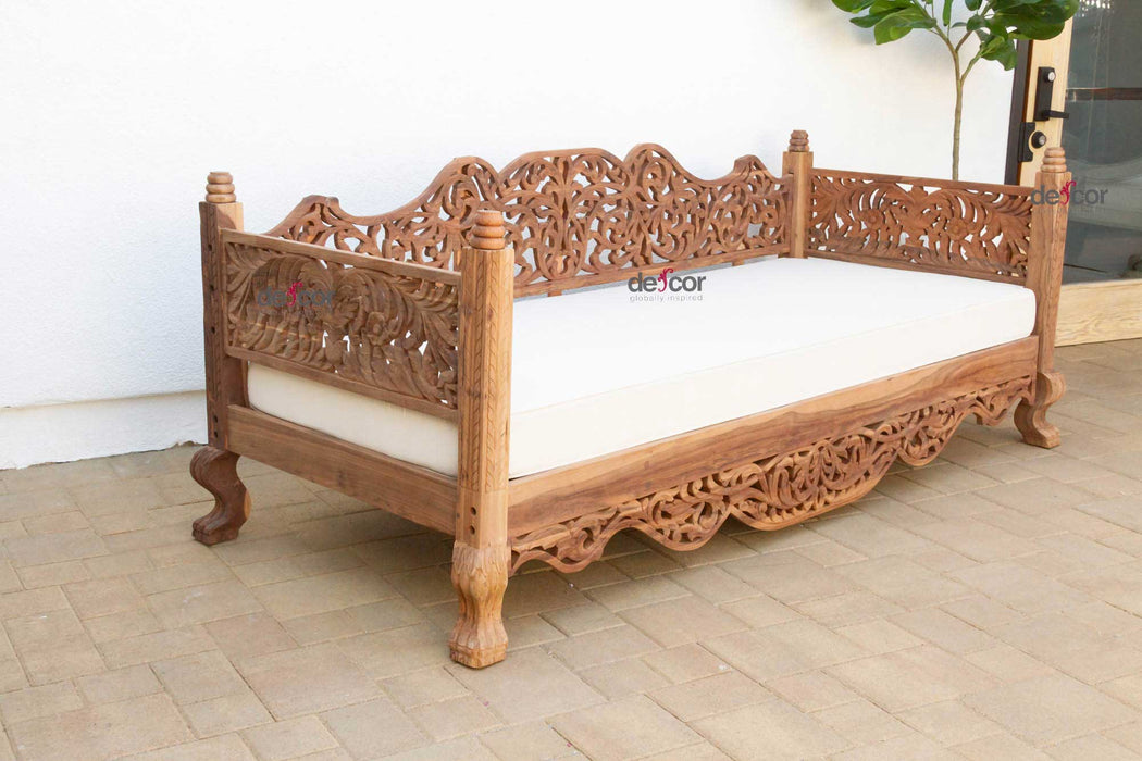 8' Long Reclaimed Teak Anglo Indian Carved Daybed