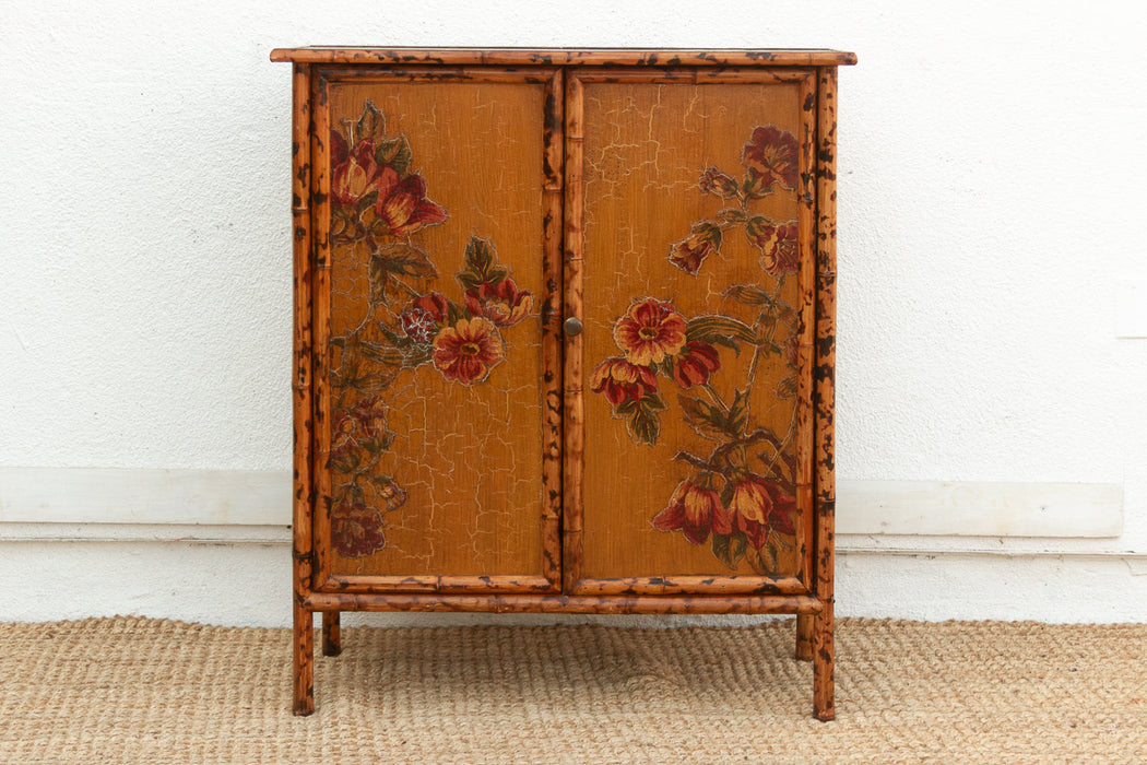 Vintage Bamboo Chinoiserie Cabinet w/Floral Applique