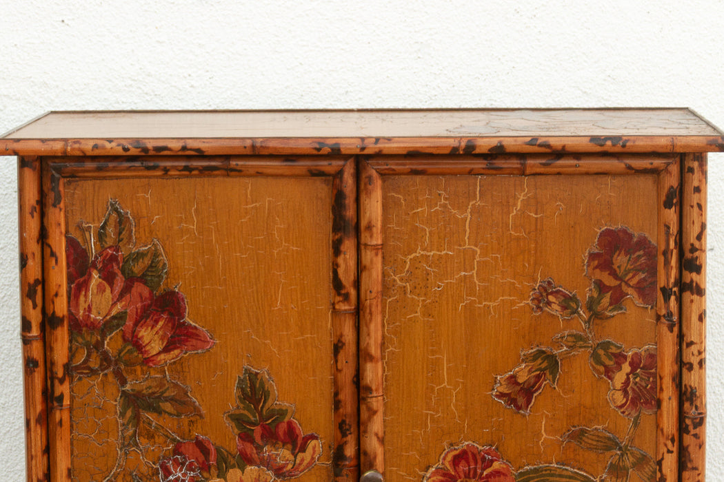 Vintage Bamboo Chinoiserie Cabinet w/Floral Applique
