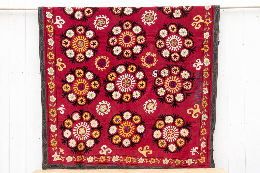1970's Ruby Red Mandala Suzani Tapestry