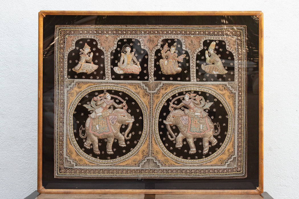 Large Framed Burmese Kalaga Elephants Tapestry