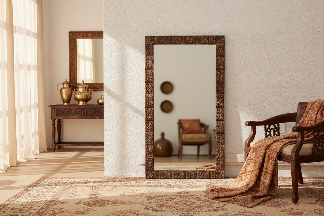 Large Antique Pressed Tin Tile Floor Mirror