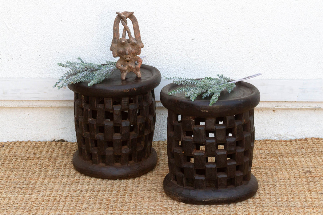 Set of 2, Bamileke Carved Geometric Lattice End Tables (Trade)