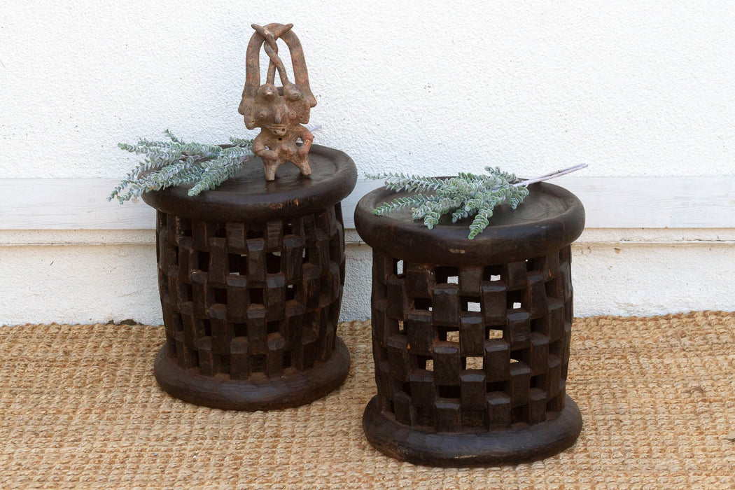 Set of 2, Bamileke Carved Geometric Lattice End Tables (Trade)