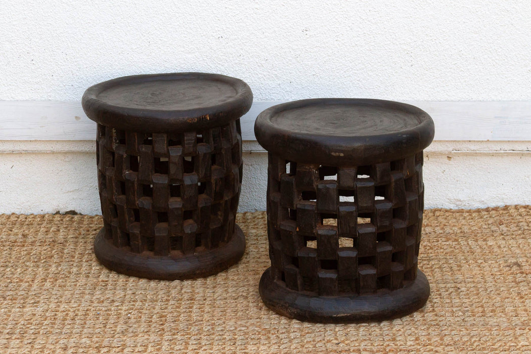 Set of 2, Bamileke Carved Geometric Lattice End Tables (Trade)