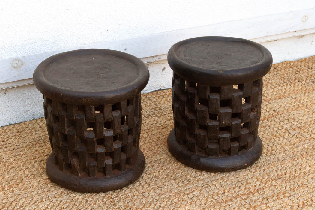 Set of 2, Bamileke Carved Geometric Lattice End Tables (Trade)