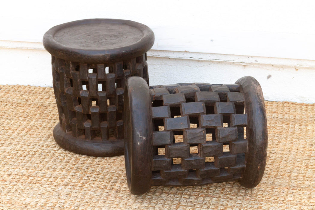 Set of 2, Bamileke Carved Geometric Lattice End Tables (Trade)