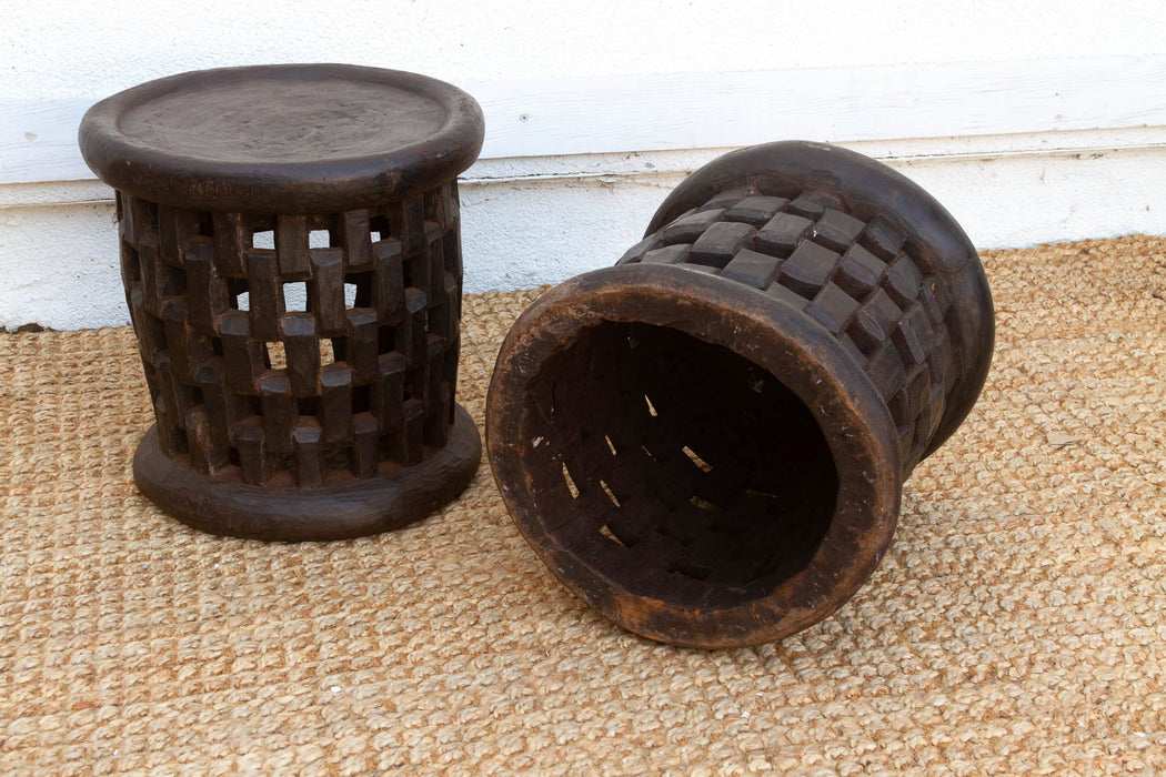 Set of 2, Bamileke Carved Geometric Lattice End Tables (Trade)