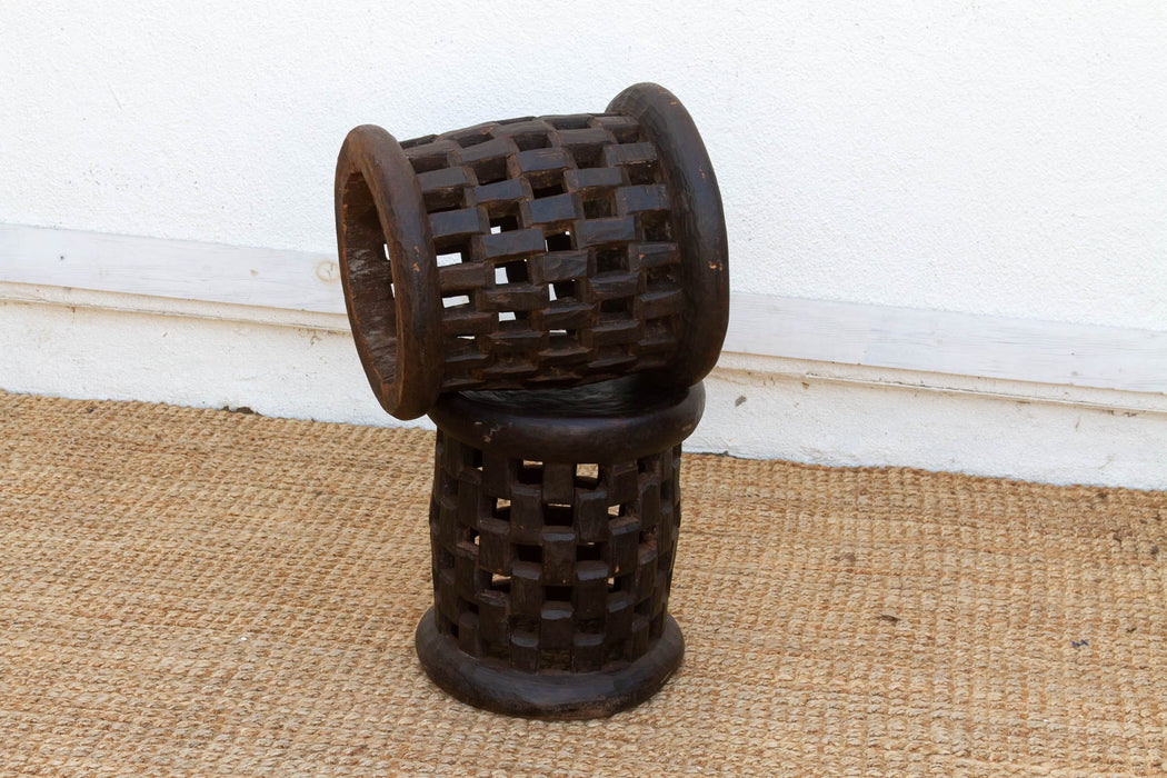Set of 2, Bamileke Carved Geometric Lattice End Tables (Trade)