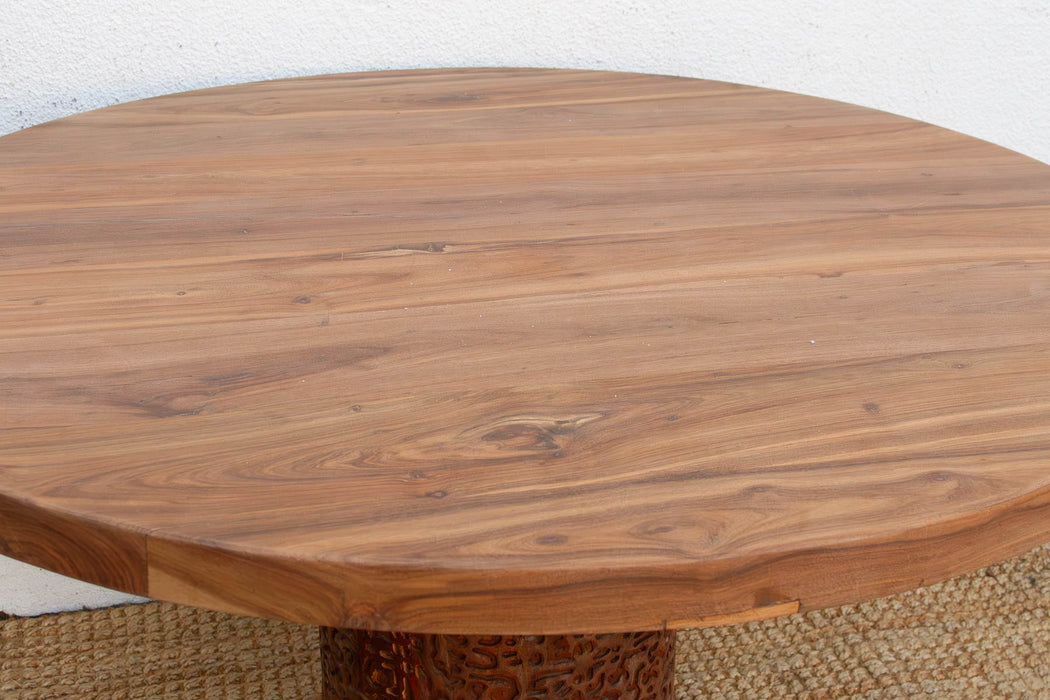 Finely Carved Reclaimed Teak Round Pedestal Dining Table