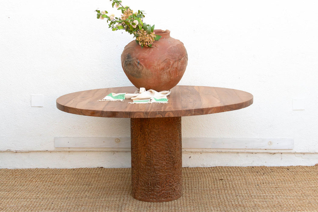 60" DM Round Burma Teak Carved Pedestal Table