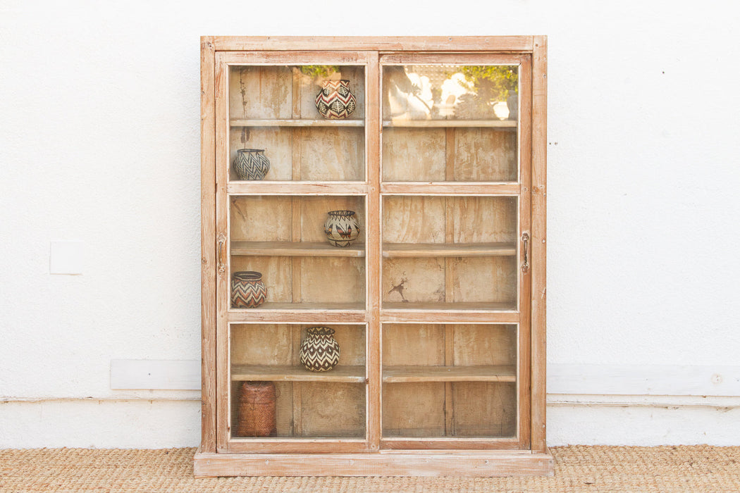 Antique Bleached Whitewash Slim Glass Cabinet