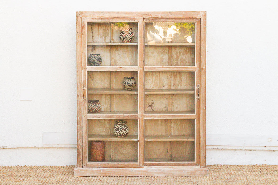 Antique Bleached Whitewash Slim Glass Cabinet