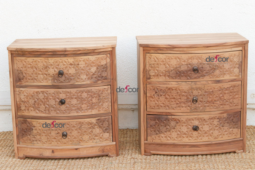 Set of 2, Reclaimed Wood Bow Front Carved Bedside Dressers