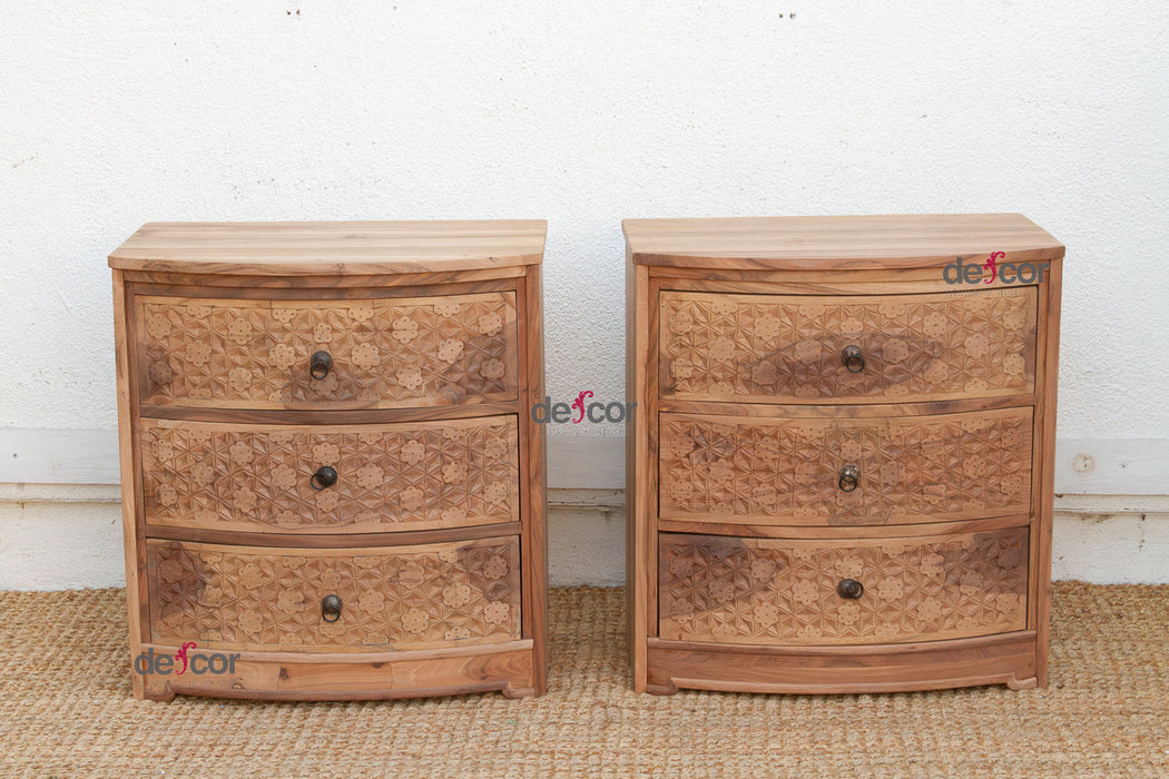 Set of 2, Reclaimed Wood Bow Front Carved Bedside Dressers