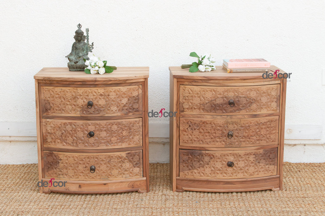 Set of 2, Reclaimed Wood Bow Front Carved Bedside Dressers