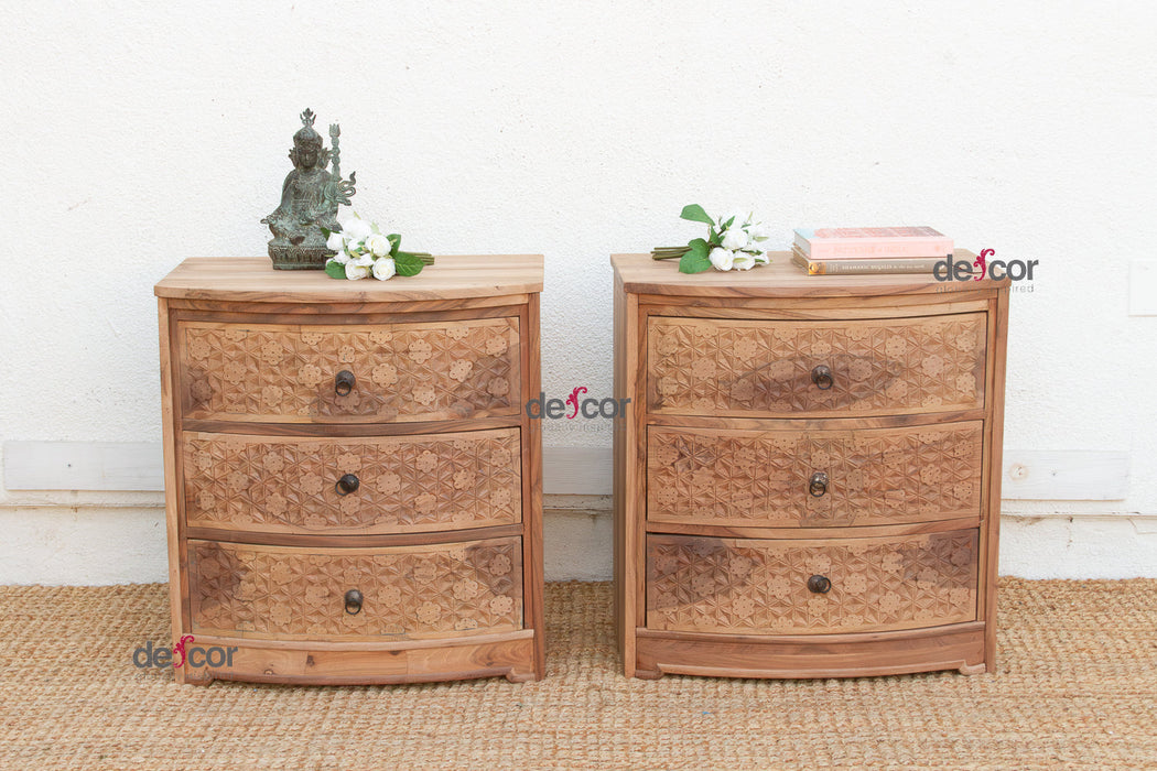 Set of 2, Reclaimed Wood Bow Front Carved Bedside Dressers