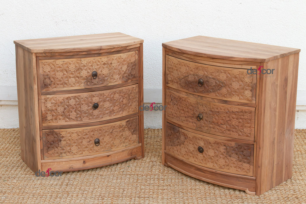 Set of 2, Reclaimed Wood Bow Front Carved Bedside Dressers