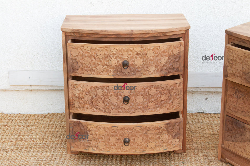 Set of 2, Reclaimed Wood Bow Front Carved Bedside Dressers
