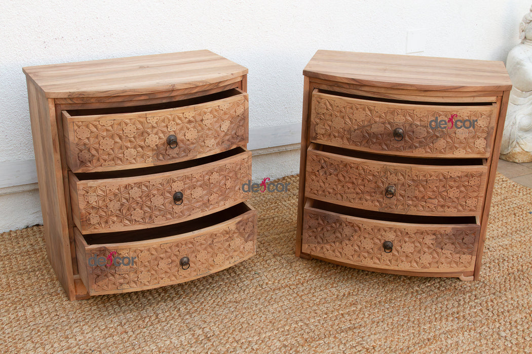 Set of 2, Reclaimed Wood Bow Front Carved Bedside Dressers