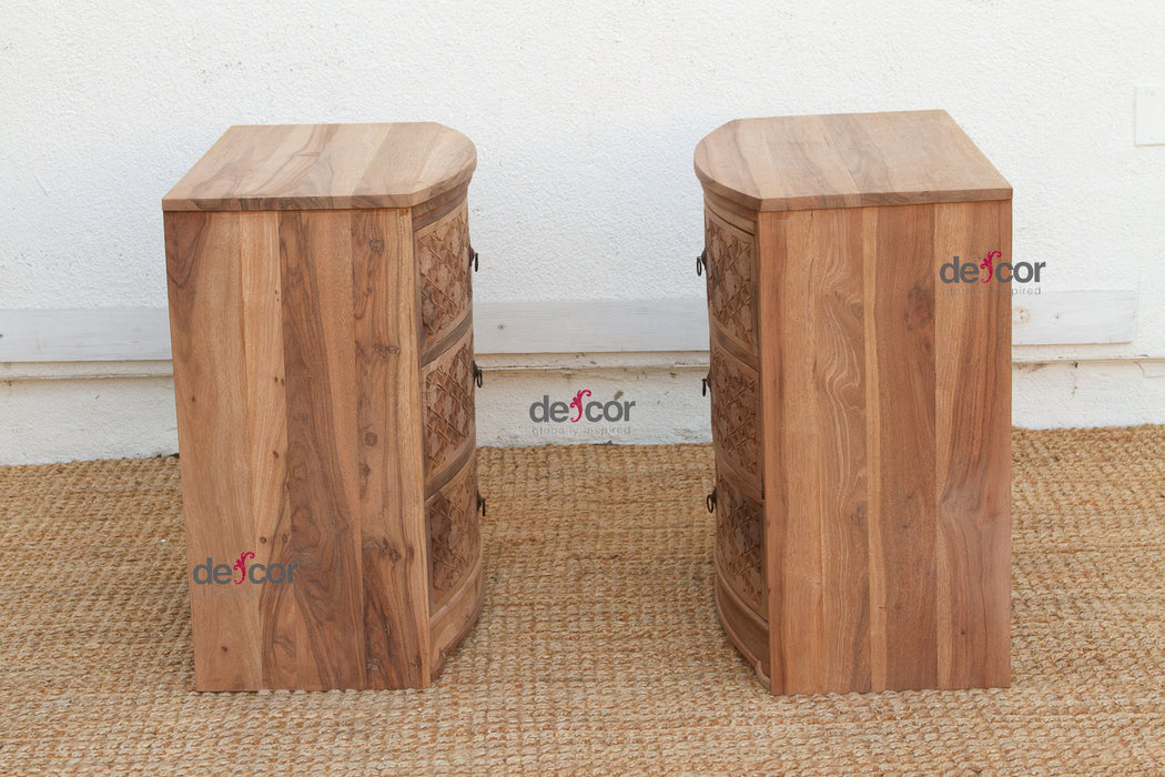 Set of 2, Reclaimed Wood Bow Front Carved Bedside Dressers