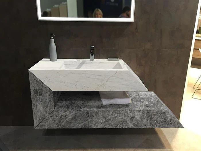 Imperial White and Tundra Gray Marble Wall Mount Bathroom Sink - Handcrafted 18x32x24