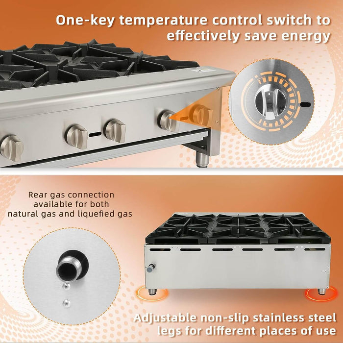 HOCCOT 36" 6 Burners Commercial Hot Plate Countertop Range Gas Stove