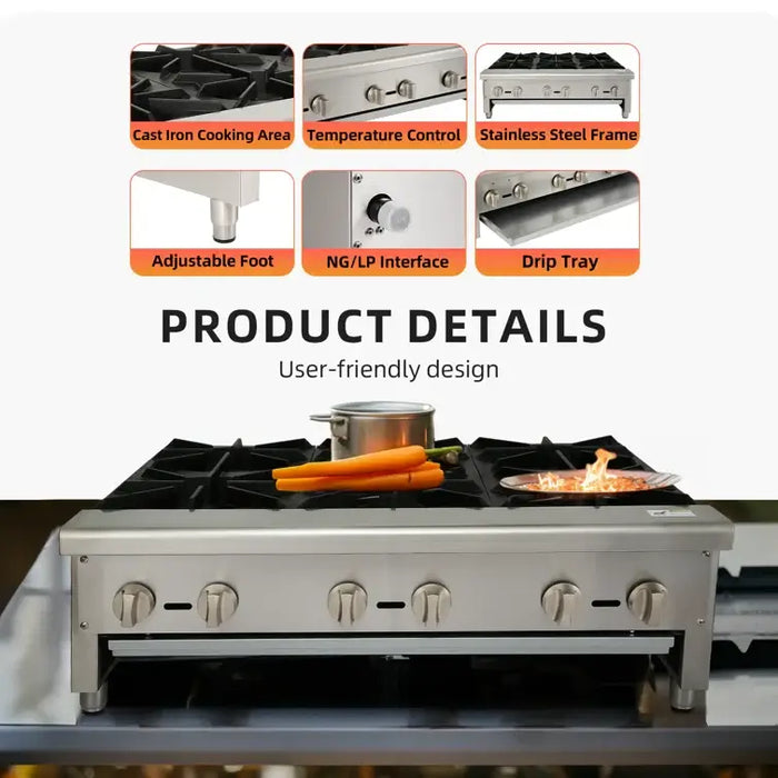 HOCCOT 36" 6 Burners Commercial Hot Plate Countertop Range Gas Stove