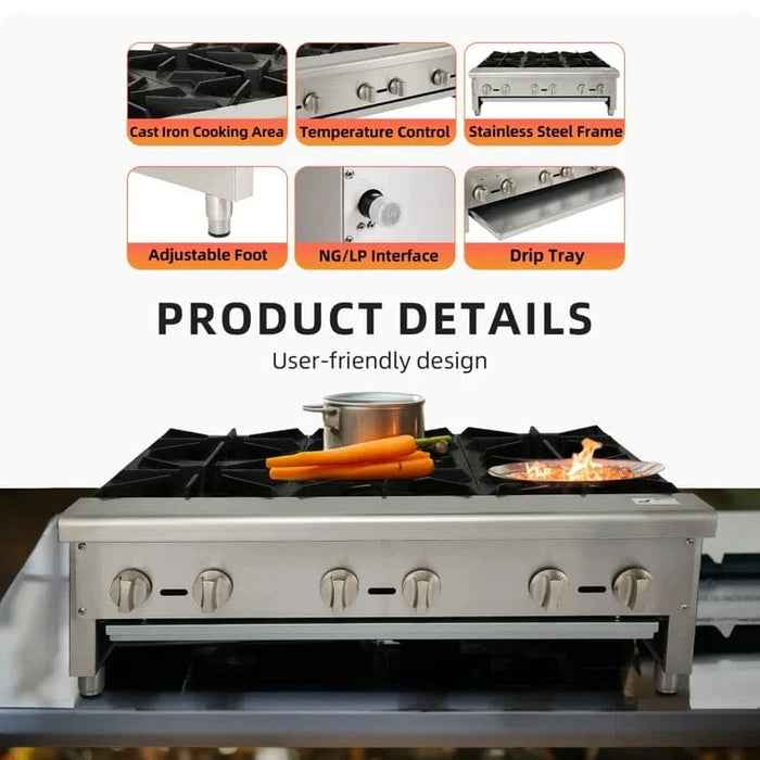 HOCCOT 36" 6 Burners Commercial Hot Plate Countertop Range Gas Stove