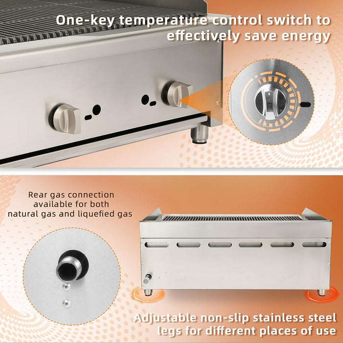 HOCCOT 36”  Gas Countertop Radiant Charbroiler - 84,000 BTU