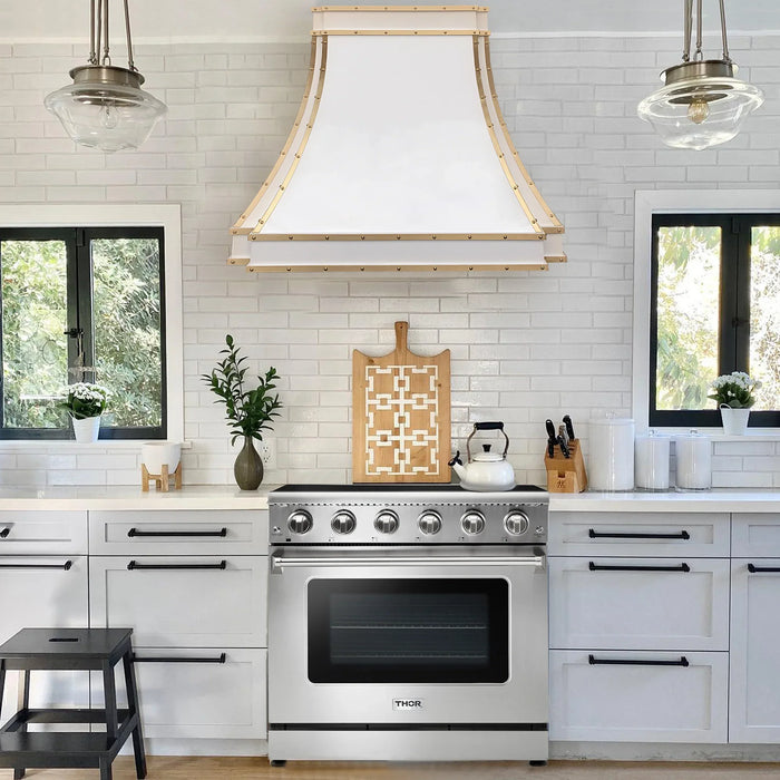Sweep White Stainless Steel Custom Range Hood with Brass Trims