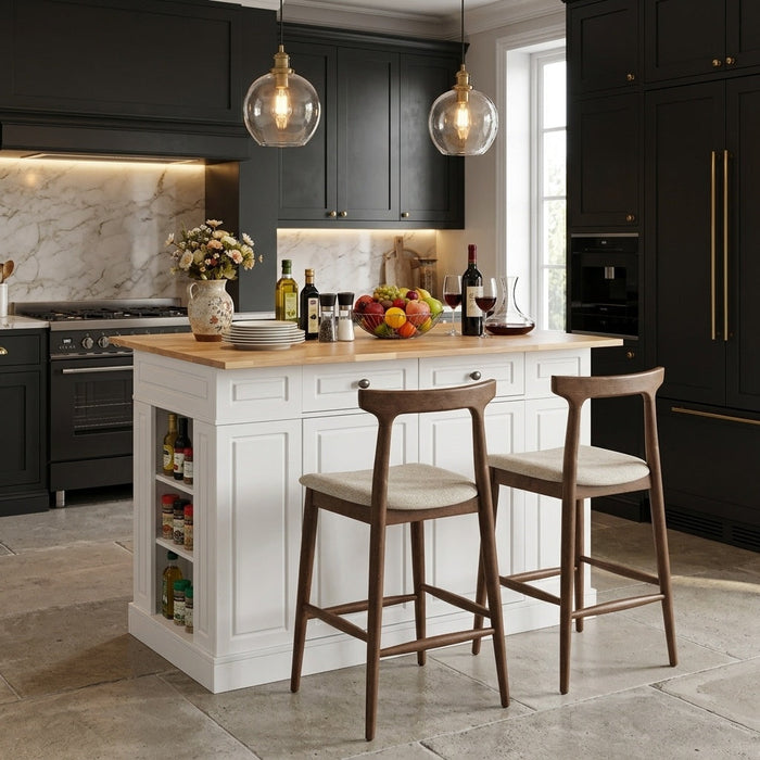 Kitchen Island with Storage with 2 Counter Height Solid Wood Bar Stools Set
