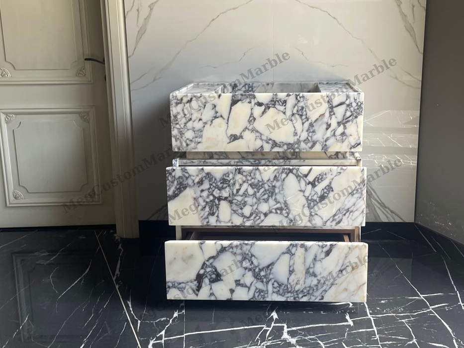 Made to-order Freestanding Vanity Unit with marle drawers Calacatta Viola Marble Purple/ Gray Veins