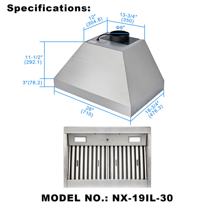 Nauxus 30 Inch Range Hood Insert with 600 CFM Powerful Suction, Ultra Quiet Ducted Stainless Steel Kitchen Stove Vent Hood with Dimmable LED Lights, Timer, 4-Speed Touch Control, NX-19IL-30