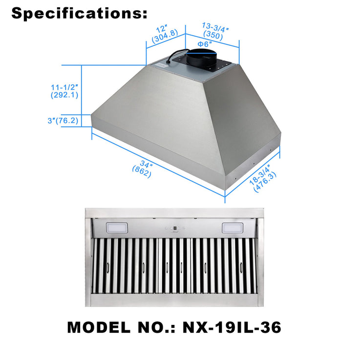 Nauxus 36 Inch Range Hood Insert with 600 CFM Powerful Suction, Ultra Quiet Ducted Stainless Steel Kitchen Stove Vent Hood with Dimmable LED Lights, Timer, 4-Speed Touch Control , NX-19IL-36