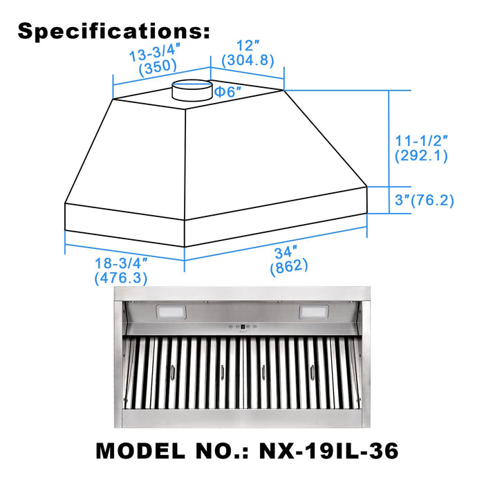 36 Inch Range Hood Insert, Ultra Quiet Stainless Steel 6" Ducted Insert/Built-in Kitchen Vent Hood with 600 CFM Powerful Suction, Dimmable LED Lights and Dishwasher Safe Filters, 3-Speed