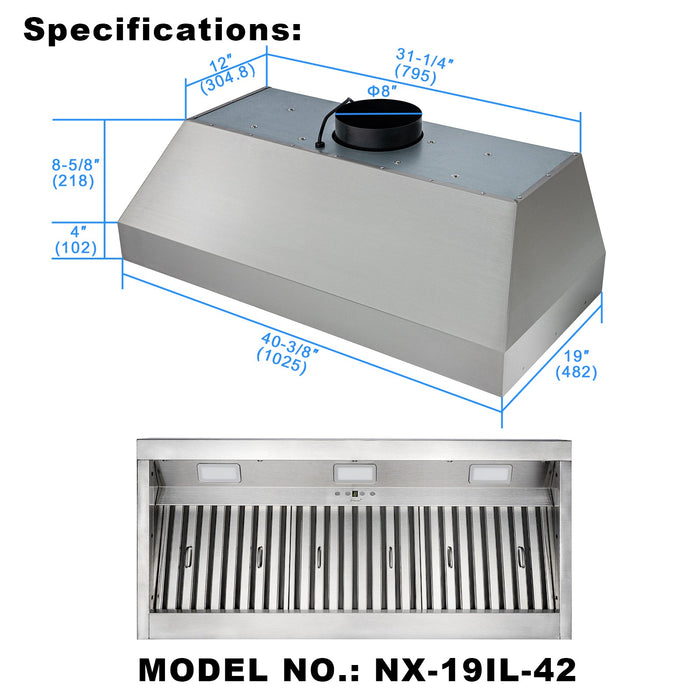 Nauxus 42 Inch Range Hood Insert with 1200 CFM Powerful Suction, Ultra Quiet Ducted Stainless Steel Kitchen Stove Vent Hood with Dimmable LED Lights, Timer, 4-Speed Touch Control , NX-19IL-42
