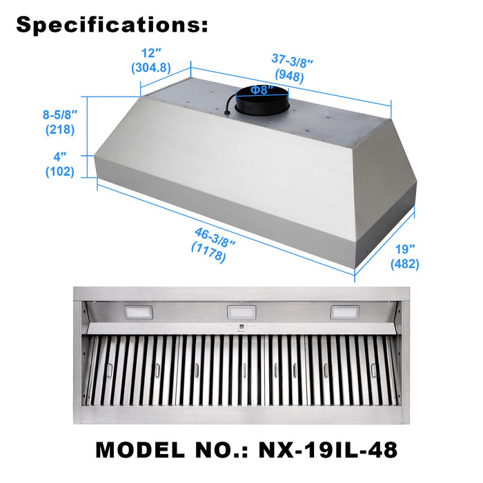 Nauxus 48 Inch Range Hood Insert with 1200 CFM Powerful Suction, Ultra Quiet Ducted Stainless Steel Kitchen Stove Vent Hood with Dimmable LED Lights, Timer, 4-Speed Touch Control , NX-19IL-48