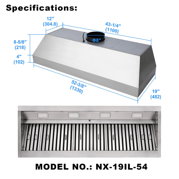 Nauxus 54 Inch Range Hood Insert with 1200 CFM Powerful Suction, Ultra Quiet Ducted Stainless Steel Kitchen Stove Vent Hood with Dimmable LED Lights, Timer, 4-Speed Touch Control , NX-19IL-54