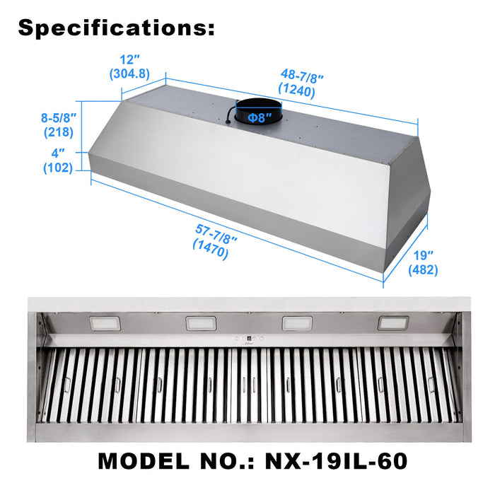 Nauxus 60 Inch Range Hood Insert with 1200 CFM Powerful Suction, Ultra Quiet Ducted Stainless Steel Kitchen Stove Vent Hood with Dimmable LED Lights, Timer, 4-Speed Touch Control , NX-19IL-60