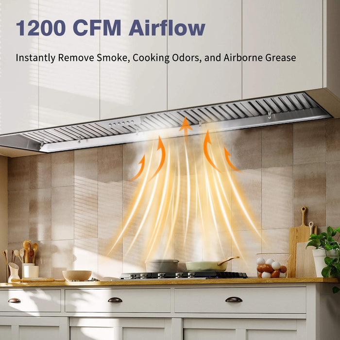 Nauxus 60 Inch Range Hood Insert, 1200 CFM High Power Kitchen Vent with 4 Speeds Ultra-Quiet Operation, Dimmable LED Lighting Dishwasher Safe Filtration System , NX-19IS-60