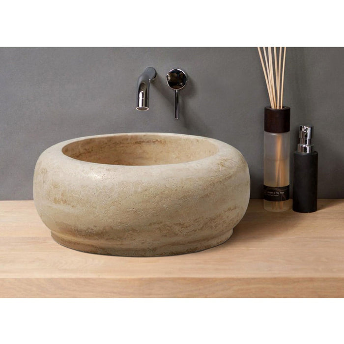 Light Travertine Natural Stone Round Vessel Sink 18x7 inches